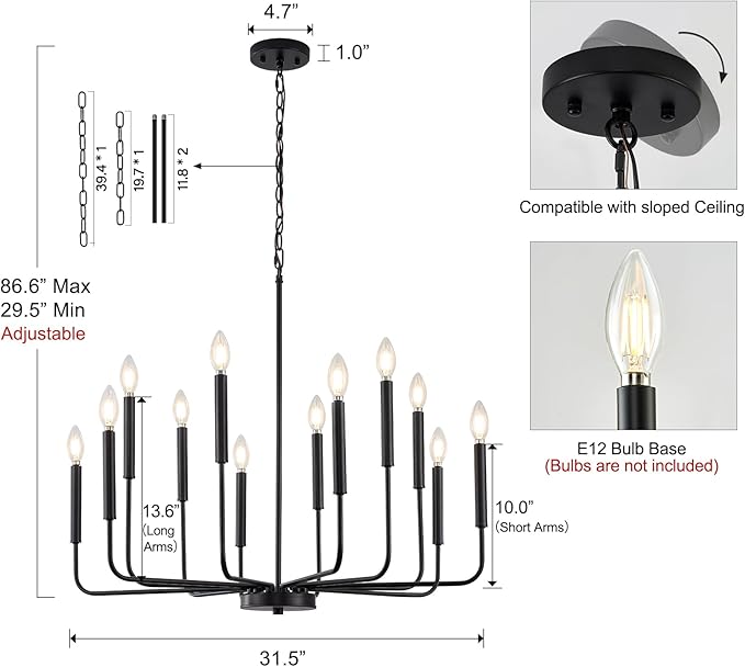 Modern Black Chandelier for Dining Room,Metal 12-Light Kitchen Light Fixtures, Farmhouse Candle Hanging Pendant Light for Living Room Entryway Foyer Bedroom (Bulbs Not Included)