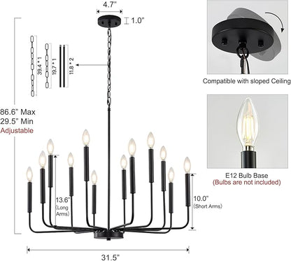 Modern Black Chandelier for Dining Room,Metal 12-Light Kitchen Light Fixtures, Farmhouse Candle Hanging Pendant Light for Living Room Entryway Foyer Bedroom (Bulbs Not Included)
