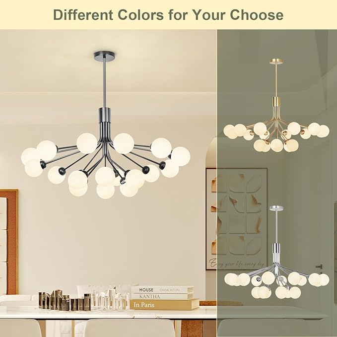 Depuley Glass Ball Sputnik Chandelier: 18-Light Modern Mid Century Black Chandelier for Dining Room - Bubble Globe Chandelier Light Fixture Height Adjustable for Kitchen Over Table (Included G9 Bulbs)