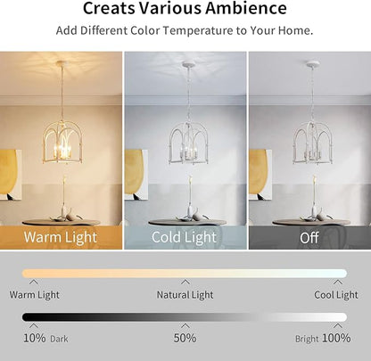 4-Light Chandeliers, Farmhouse White Chandelier for Dining Room Light Fixtures, Lantern Metal Kitchen Pendant Light Fixtures, Rustic Cage Chandelier for Bedroom Living Room Kitchen Island Hallway