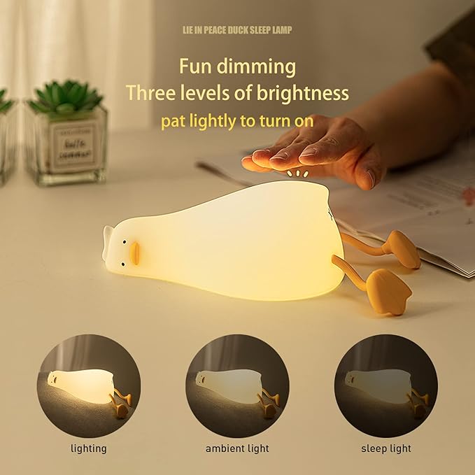 MUID Benson Lying Flat Duck Night Light, LED Squishy Duck Lamp, Cute Light Up Duck, Silicone Dimmable Nursery Nightlight, Rechargeable Bedside Touch Lamp for Breastfeeding, Finn The Duck.