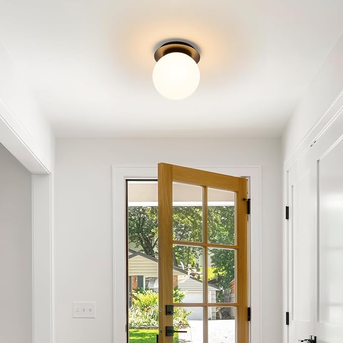 Modern Globe Black Wall Sconce: 6" Black Mid Century Modern Indoor Wall Mounted Lamps - Small Minimalist White Glass Bathroom Sconces - Ball Vanity Light for Bedroom Living Room Hallway Entryway Stair