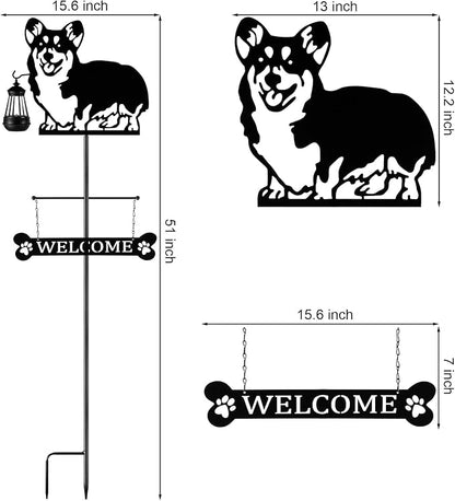 ANGELLOONG 51" Solar Corgi Silhouette Dog Welcome Sign with Lantern, Outdoor Decorative Corgi Gifts for Garden Yard Lawn Patio Pathway
