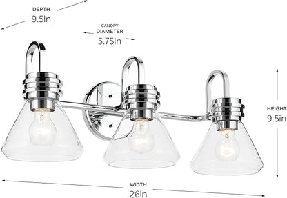 Kichler Farum 26" 3-Light Bathroom Vanity Light Fixture with Clear Glass in Chrome, Modern Wall Mount Over Mirror for Single or Double Vanity (26" W x 9.5" H), 55155CHCLR
