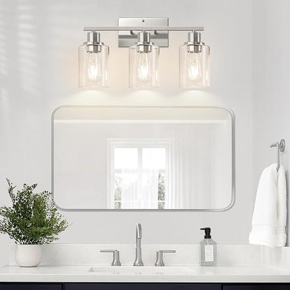Indoi 3-Light Bathroom Light Fixtures, Brushed Nickel Vanity Lights with Clear Glass Shades, Modern Bathroom Wall Lamp for Mirror Living Room Cabinet Bedroom Porch
