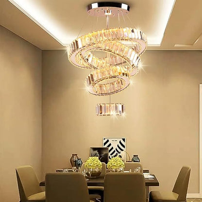 Modern Crystal Chandelier 4 Rings LED Pendant Light Adjustable High Chandeliers Ceiling Light for Bedroom Living Room Dining Room Warm White