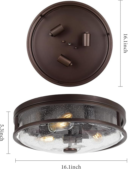 16 Inch Large Flush Mount Ceiling Light Fixture with Seeded Glass, Bronze Round Ceiling Lamp Shade, Modern Farmhouse Indoor Outdoor Ceiling Lighting for Kitchen Dining Living Room Foyer