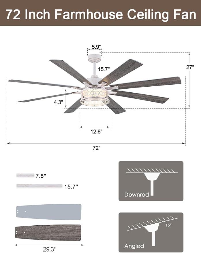 72 Inch Farmhouse Ceiling Fan with Lights Large Rustic Ceiling Fan Retro White Caged Fandelier Industrial Chandelier Light with Remote for Indoor Outdoor, Reversible DC Motor 6 Speed