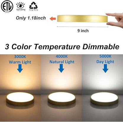 Gold Metal Flush Mount LED Ceiling Light 9 Inch 2 Pack, Dimmable 3000-5000k 20W Modern Thin Round Ceiling Light Fixture, Low Profile Ceiling Lamp for Bedroom Bathroom Entryway