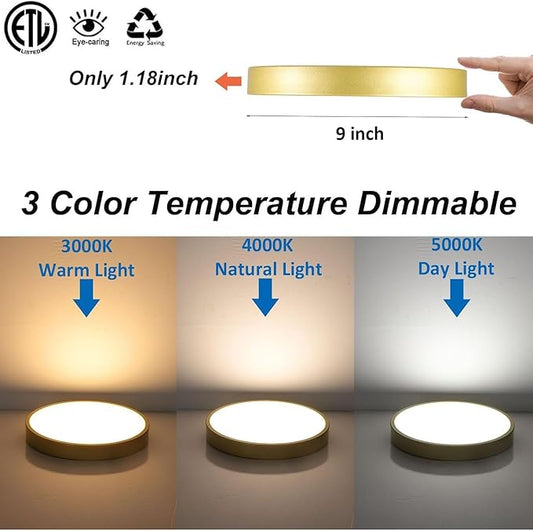 Gold Metal Flush Mount LED Ceiling Light 9 Inch 2 Pack, Dimmable 3000-5000k 20W Modern Thin Round Ceiling Light Fixture, Low Profile Ceiling Lamp for Bedroom Bathroom Entryway