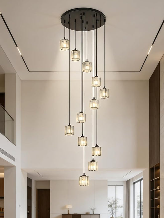 Long Chandeliers for High Ceilings,Modern Crystal Pendant Light,Raindrop Drop Lamp,Hanging Flush Mount Lighting Fixtures for Spiral Staircase,Foyer,Entryway,Living Room,Black (12 Lights)