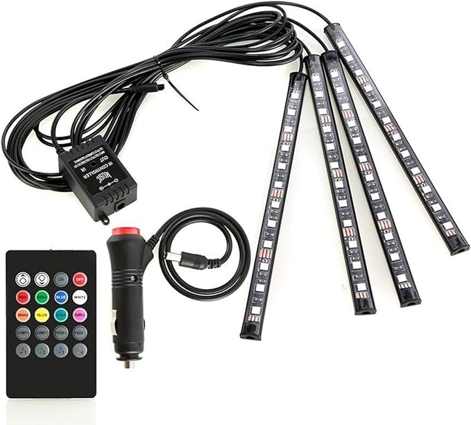 Car LED Strip Light Interior, Sound Active 4 Lines 48 LEDs Multicolor Music Sync Interior Car Lights Under Dash Waterproof led Lights for car, Wireless Remote Control, with Car Charger,DC 12V