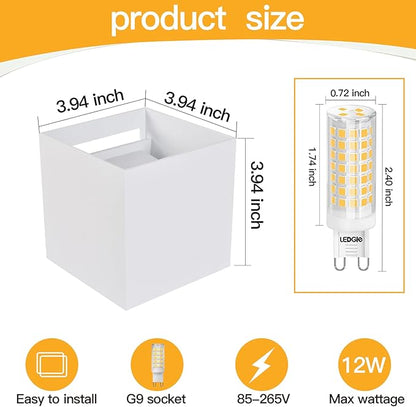 2 Pack Outdoor Wall Lights Exterior/Interior Wall Sconces Up and Down Lights IP65 Waterproof G9 Base Socket Modern Outdoor Lighting Square Aluminum White 3000K Warm Lights, Adjustable Light Angle