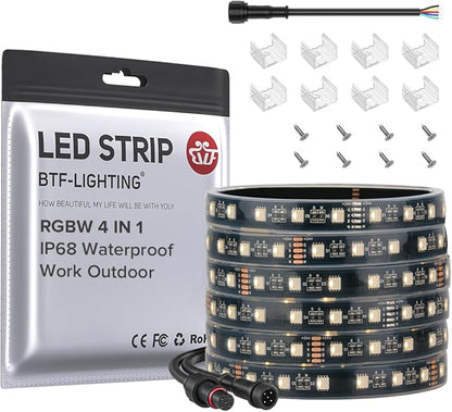 BTF-LIGHTING IP68 Waterproof Outdoor RGBW LED Strip 5050SMD RGB+Warm White(3000K-3500K) 4 Colors in 1 DC24V 16.4ft 5m 60LED/m Multi-Colored Tape Lights Can Work Outdoor(No Adapter or Controller)