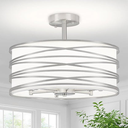 TOULMJ 6-Light Semi Flush Mount Ceiling Light, 16.53‘’ Brushed Nickel Drum Chandelier with White Fabric Shade, Modern Farmhouse Dimmable Light Fixtures for Kitchen Laundry Hallway Dining Room Foyer