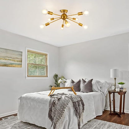 LynPon Gold Ceiling Light Fixture, 8 Lights Plating Golden Sputnik Semi Flush Mount Ceiling Lights, Brass Chandelier Kitchen Mid Century Lighting Fixture for Living Dining Room Bedroom Hallway
