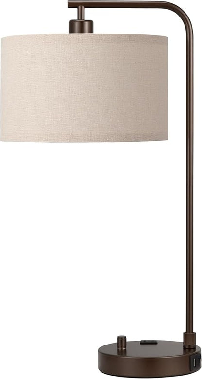 Innqoo Brown Table Lamp for Bedroom with USB Port and Outlet, Dimmable Nightstand Bedside Lamps with Linen Lampshade, Desk Lamp for Home Office, Living Room, Guest Room, LED Bulb Included
