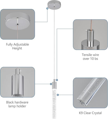 Modern Kitchen Island Pendant Light Dimmable LED Chrome Finish Mini Crystal Pendant Lighting Bedroom Bedside Table Small Pendant Lights（1-Pack）