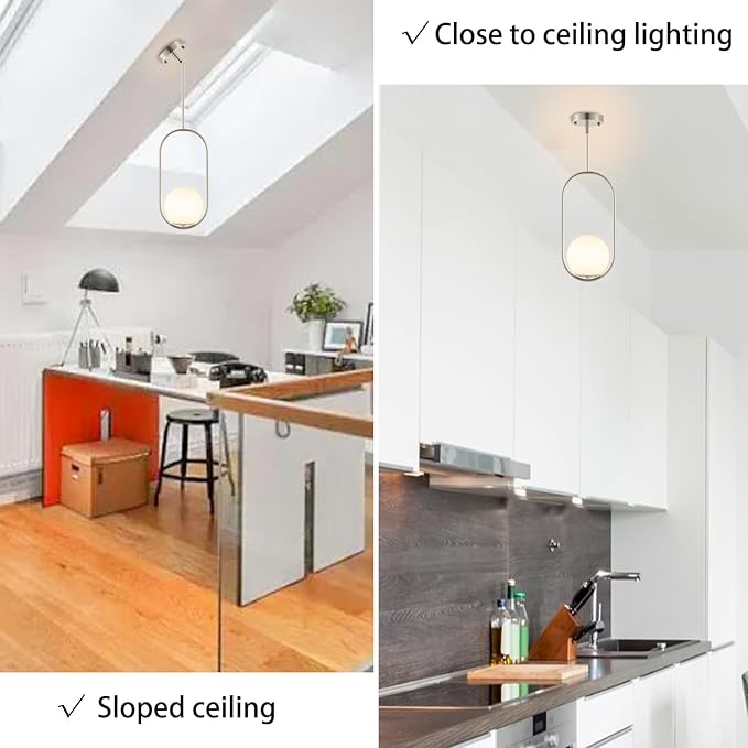 BYOLIIMA Modern Globe Pendant Light Brushed Nickel Chandelier 1-Light Mid Century Ceiling Hanging Lighting Fixture White Globe Glass Shades for Kitchen Island Dining Room Bedroom