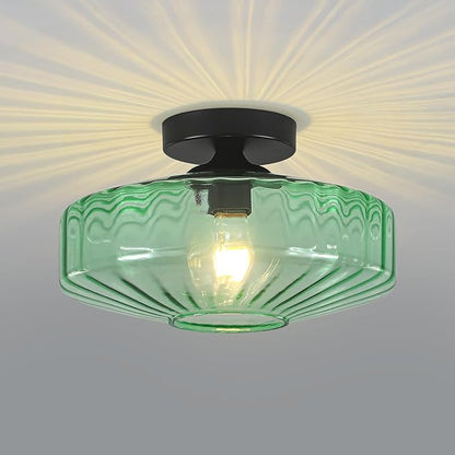 Semi Flush Mount Ceiling Light, 11.8" Vintage Green Glass Ceiling Lights, 1-Light Mid Century Modern Drum Close to Ceiling Light Fixtures for Bedroom Kitchen Entryway Hallway Porch Foyer