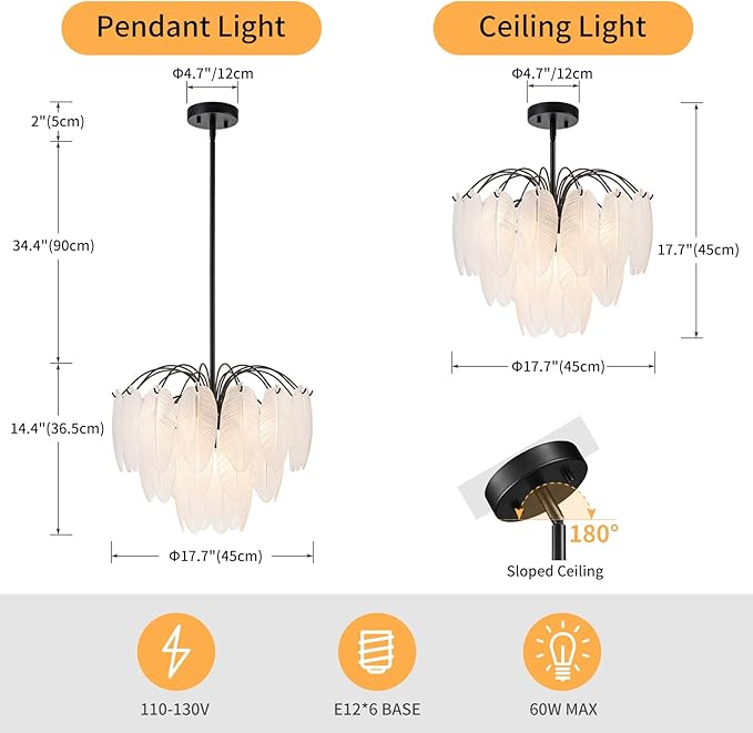 LumFurn 6-Light Glass Chandeliers, Modern 3-Tier Pendant Light Fixture for Dining Room, Living Room, D17.7 x H19~51 Inch Adjustable Height, Frosted Feather-Shaped Glass Shade & Black Finish Frame