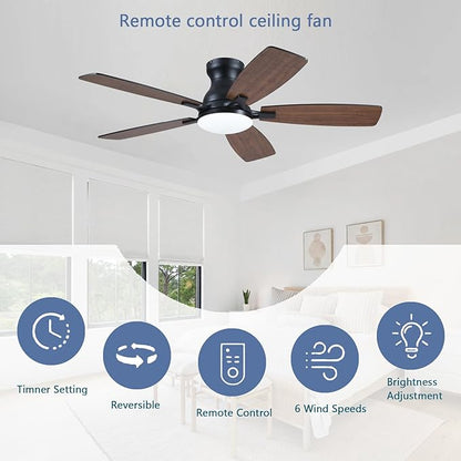 NKPU Ceiling Fans with Lights, Low Profile Ceiling Fan with Light and Remote/APP Control, DC Reversible Motor, Noiseless, Flush Mount, 46inch Brown Ceiling Fan for Bedroom Indoor/Outdoor Use