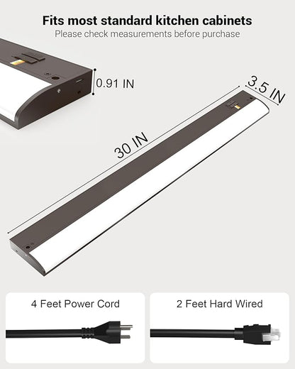 30 Inch LED Under Cabinet Light, Plug in Kitchen Lighting, 3CCT Selectable (3000K/4000K/5000K), CRI94 High Color Accuracy, Linkable, Slim Design Dimmable, Brown