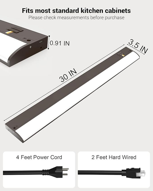 30 Inch LED Under Cabinet Light, Plug in Kitchen Lighting, 3CCT Selectable (3000K/4000K/5000K), CRI94 High Color Accuracy, Linkable, Slim Design Dimmable, Brown