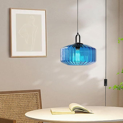 Plug in Hanging Lamp Blue Striped Glass Shade Modern Pendant Light with Plug in Cord Mid Century Pendant Light Fixture Plug in Chandelier Swag Ceiling Lamp for Living Room Bedroom