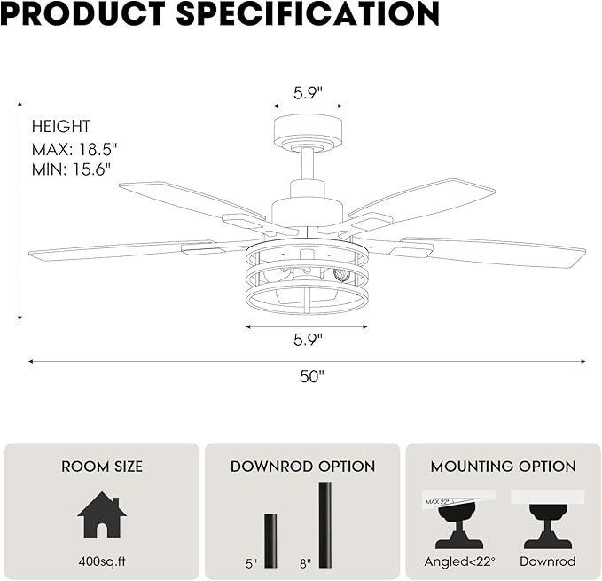 52 Inch Ceiling Fans with Lights and Remote Control, Farmhouse Ceiling Fan with LED Lighting for Bedroom Living Room and Patio, Black Caged Ceiling Fan for Indoor and Outdoor(NO Bulbs)