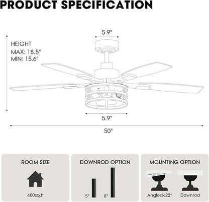 52 Inch Ceiling Fans with Lights and Remote Control, Farmhouse Ceiling Fan with LED Lighting for Bedroom Living Room and Patio, Black Caged Ceiling Fan for Indoor and Outdoor(NO Bulbs)