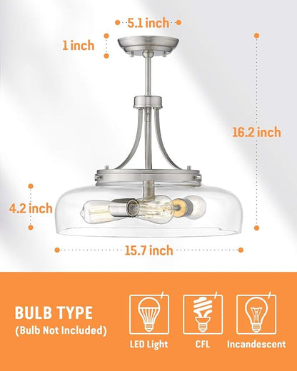EAPUDUN 3-Light Farmhouse Semi Flush Mount Ceiling Light Fixture, Modern Pendant Light, Brushed Nickel with Clear Glass Shade, SMA1126-BNK