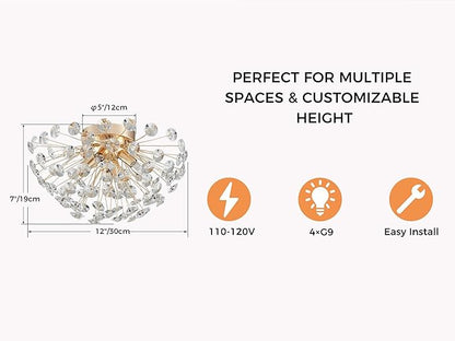 AGV LIGHTING Modern Crystal Flush Mount Ceiling Light Fixture, Dandelion Sputnik Semi Flush Mount Ceiling Light, 12" 4-Light with G9 Base Gold Ceiling Light Fixture