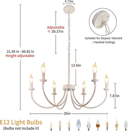 French Country Chandelier, 6-Light Antique White Farmhouse Chandelier for Dining Room Lighting Fixtures Hanging, Candle Hanging Pendant Lights for Kitchen Living Room Bedroom Foyer