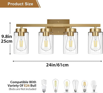 IZORRO Modern Bathroom Light Fixtures, 4 Light Brushed Gold Vanity Lights, Bathroom Lighting Fixtures Over Mirror with Clear Glass for Living Room Cabinet Bedroom