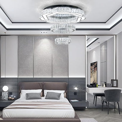 22.5" Crystal Chandeliers Living Room Modern Chandelier Crystal Ceiling Light LED 2 Rings Pendant Light Flush Mount Chandelier for Bedroom Dining Room Entryway (Cool White)