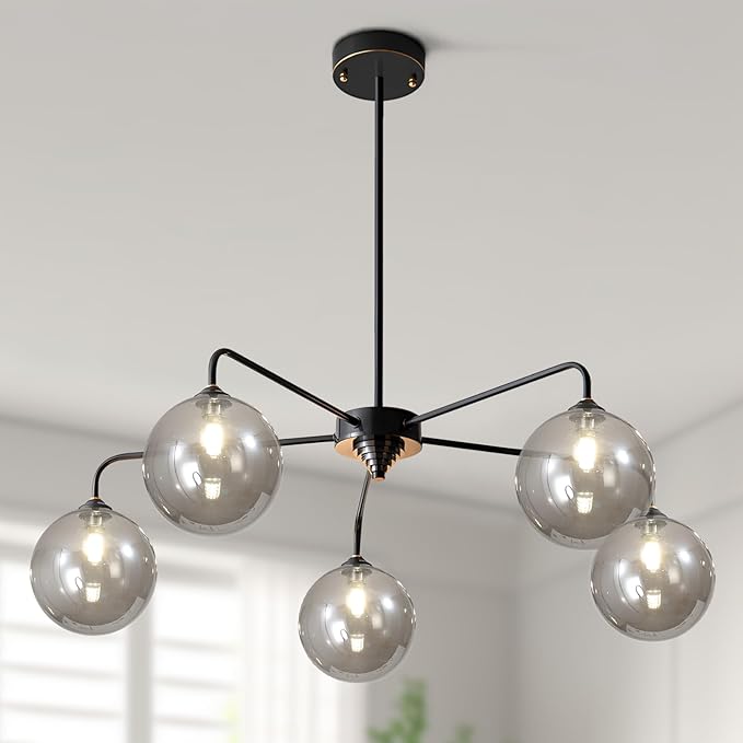 Mid Century Modern Chandelier Smoky Gray Clear Glass Globe Ceiling Light Fixture 5 Light Black Sputnik Chandelier for Kitchen Dining Room Bedroom