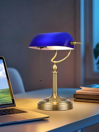 Blue Glass Bankers Desk Lamp, Stepless Dimmable Table Lamp Plug in Fixture for Study, Home Office, LED Bulb Included