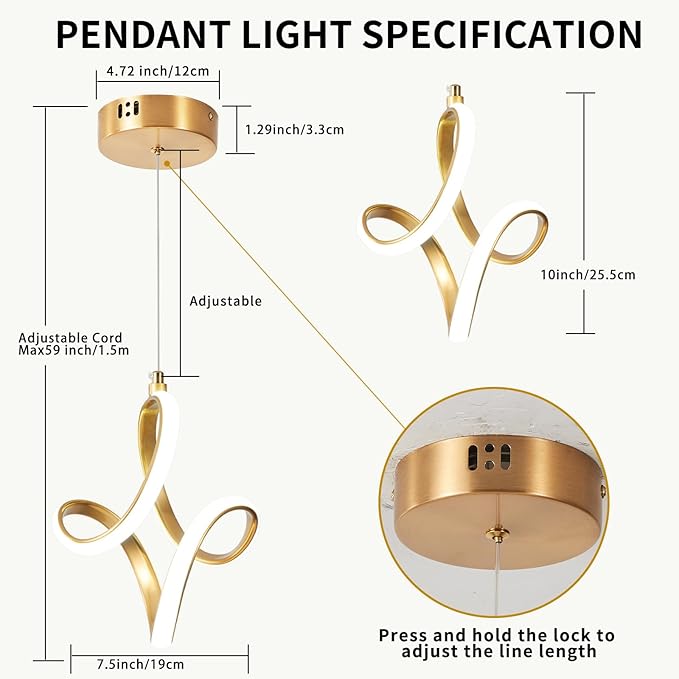 Modern Led Pendant Light 5500K Cold White Kitchen Island Pendant Light Fixtures Adjustable Height Led Pendant Lamp for Kitchen Island Dining Room Hanging Light, 1 Pack (Gold)