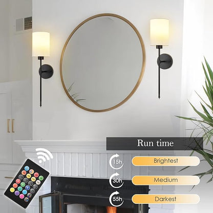 Battery Operated Wall Sconce Set of Two,Wireless Rechargeable Wall Light With Remote Control, Dimmable, 1800K/3000K/4000K/6000K/RGB, Timer, for Living Room, Bedroom, Fireplace, TV, 26.8 Inch, Black