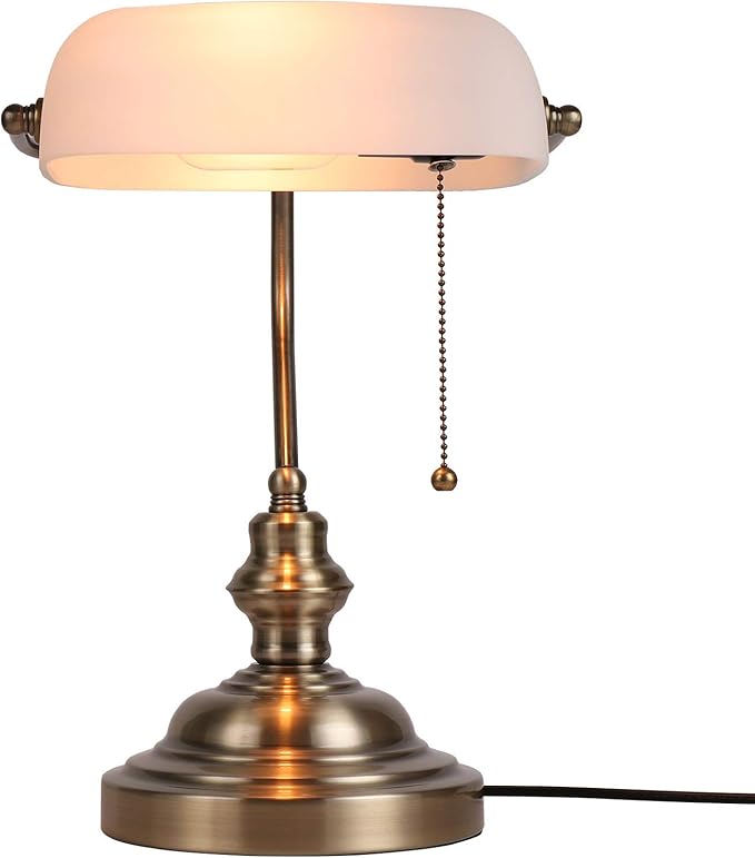 Glass Bankers Desk Lamp with Pull Chain Switch Plug in Fixture,Satin Brass Finish (White)