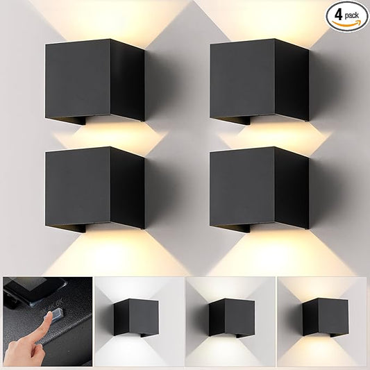 4 Pack LED Outdoor Wall Sconces Exterior/Interior,Modern Black Square Aluminum Wall Light Fixture Set,Variable Beam IP65 Waterproof Lights.15W 3-Color-Changeable Up and Down Outdoor Lighting Fixtures.