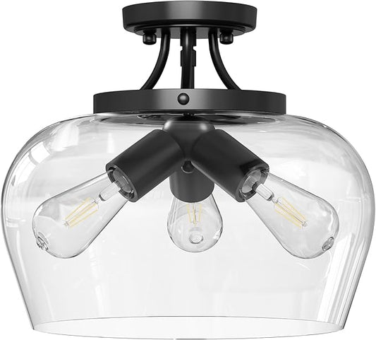 VONLUCE Semi Flush Mount Ceiling Light, 13.8" Ceiling Light Fixture with Clear Glass Shade, E26 Base, 3-Bulb Industrial Lighting Fixture for Hallway Entryway Bedroom, Matte Black, ETL Certificated