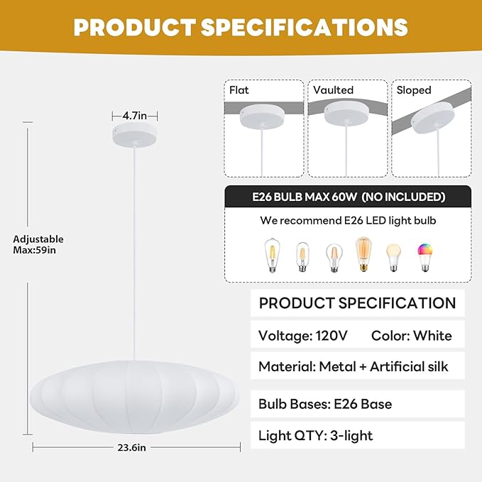 23.6in Lantern Pendant Light, 3-Light Imitation Silk White Bubble Pendant Lighting Fixture, Hanging Lamp Simple Chandelier for Living Dinning Room Kitchen Island Bedroom Restaurant Cafe