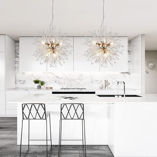 Firework Crystal Chandeliers, 8-Light Gold Dandelion Chandelier Lighting, 15.7" Stainless Steel Small Sputnik Chandelier Lights for Kitchen Island Bedroom