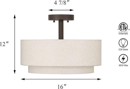 XiNBEi Lighting Drum Semi Flush Light, 3 Light Semi Flush Mount Ceiling Light Fixture with Fabric Shade Modern Close to Ceiling Light for Bedroom & Living Room Dark Bronze Finish XB-SF1289-DB