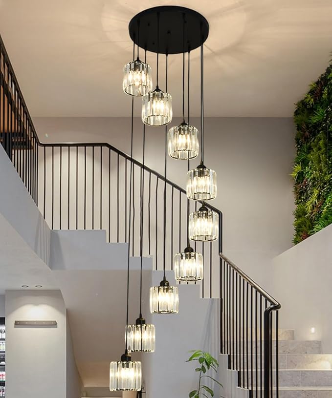 Long Chandeliers for High Ceilings,Modern Crystal Pendant Light,Raindrop Drop Lamp,Hanging Flush Mount Lighting Fixtures for Spiral Staircase,Foyer,Entryway,Living Room,Black (9 Lights)