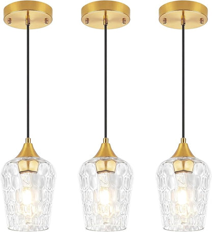 Brushed Gold Pendant Light Fixtures, Thick Hammered Glass Pendant Lights Kitchen Island 3 Pack Modern Hanging Light Hallway Ceiling Light Fixtures Mini Pendant Lights for Bathroom Dining Room