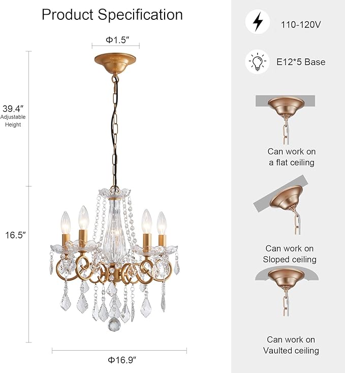 Crystal Chandelier, 5-Light Chandelier for Dining Room Light Fixture, K9 Crystal Pendant Ceiling Light Fixture, Modern Candle Chandelier for Living Room Kitchen Island Entryway Bedroom (Gold)