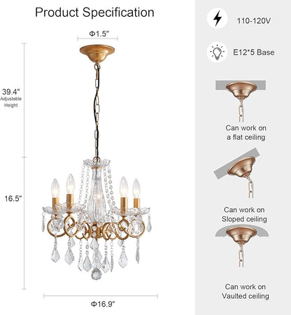 Crystal Chandelier, 5-Light Chandelier for Dining Room Light Fixture, K9 Crystal Pendant Ceiling Light Fixture, Modern Candle Chandelier for Living Room Kitchen Island Entryway Bedroom (Gold)